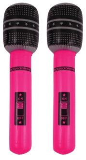 Opblaasbare microfoon - 2x stuks - neon roze - 40 cm - opblaas - popster verkleedaccessoires