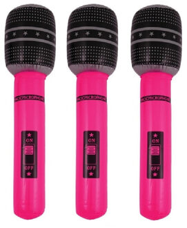 Opblaasbare microfoon - 3x stuks - neon roze - 40 cm - opblaas - popster verkleedaccessoires