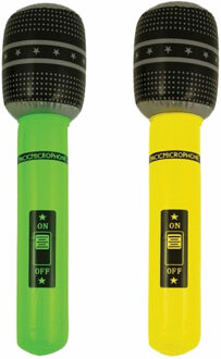 Opblaasbare speelgoed/feestartikel microfoons 2x stuks neon geel/groen 40 cm