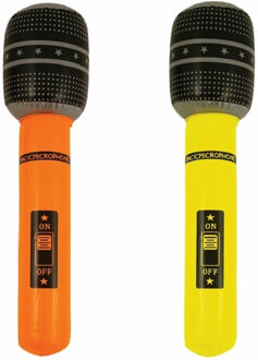Opblaasbare speelgoed/feestartikel microfoons 2x stuks neon geel/oranje 40 cm