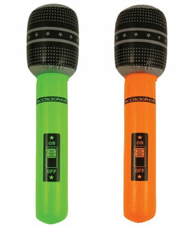 Opblaasbare speelgoed/feestartikel microfoons 2x stuks neon groen/oranje 40 cm