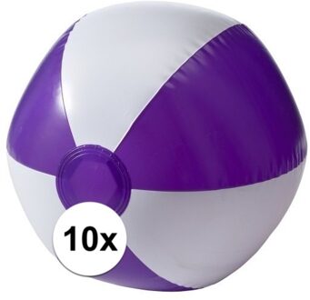 Opblaasbare speelgoed zwembad strandbal - 10x - paars/wit - D26 cm - Strandballen