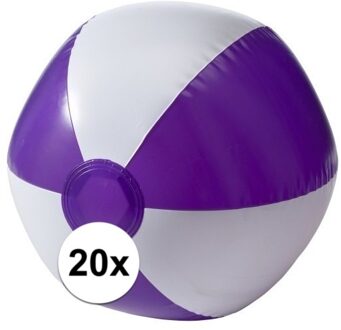 Opblaasbare speelgoed zwembad strandbal - 20x - paars/wit - D26 cm - Strandballen