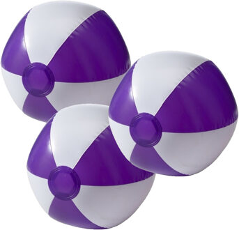 Opblaasbare speelgoed zwembad strandbal - 3x - paars/wit - D26 cm - Strandballen