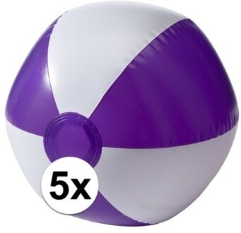 Opblaasbare speelgoed zwembad strandbal - 5x - paars/wit - D26 cm - Strandballen