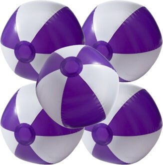 Opblaasbare speelgoed zwembad strandbal - 5x - paars/wit - D26 cm - Strandballen