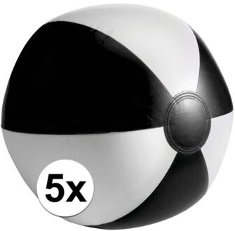 Opblaasbare speelgoed zwembad strandbal - 5x - zwart/wit - D26 cm - Strandballen