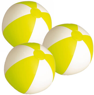 Opblaasbare strandbal - 6x stuks - geel/wit - D28 cm - plastic - zwembad speelgoed opblaas bal