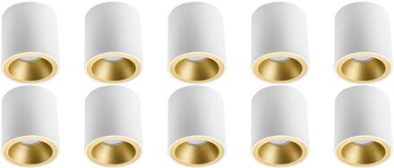 Opbouwspot 10 Pack - Pragmi Cliron Pro - GU10 Fitting - Opbouw Rond - Mat Wit/Goud - Aluminium - Verdiept - Ø90mm Goudkleurig