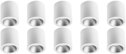 Opbouwspot 10 Pack - Pragmi Cliron Pro - GU10 Fitting - Opbouw Rond - Mat Wit/Zilver - Aluminium - Verdiept - Ø90mm Zilverkleurig