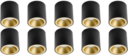 Opbouwspot 10 Pack - Pragmi Cliron Pro - GU10 Fitting - Opbouw Rond - Mat Zwart/Goud - Aluminium - Verdiept - Ø90mm