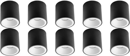 Opbouwspot 10 Pack - Pragmi Cliron Pro - GU10 Fitting - Opbouw Rond - Mat Zwart/Wit - Aluminium - Verdiept - Ø90mm