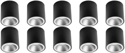 Opbouwspot 10 Pack - Pragmi Cliron Pro - GU10 Fitting - Opbouw Rond - Mat Zwart/Zilver - Aluminium - Verdiept - Ø90mm