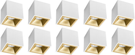 Opbouwspot 10 Pack - Pragmi Cliron Pro - GU10 Fitting - Opbouw Vierkant - Mat Wit/Goud - Aluminium - Verdiept - Ø90mm Goudkleurig