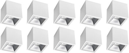 Opbouwspot 10 Pack - Pragmi Cliron Pro - GU10 Fitting - Opbouw Vierkant - Mat Wit/Zilver - Aluminium - Verdiept - Ø90mm Zilverkleurig