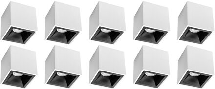 Opbouwspot 10 Pack - Pragmi Cliron Pro - GU10 Fitting - Opbouw Vierkant - Mat Wit/Zwart - Aluminium - Verdiept - Ø90mm