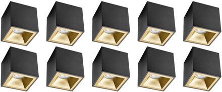 Opbouwspot 10 Pack - Pragmi Cliron Pro - GU10 Fitting - Opbouw Vierkant - Mat Zwart/Goud - Aluminium - Verdiept - Ø90mm