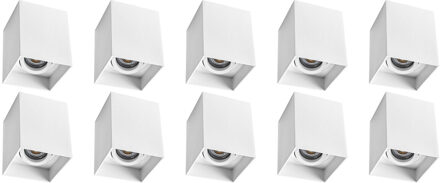 Opbouwspot 10 Pack - Pragmi Luxina Pro - GU10 Fitting - Opbouw Vierkant - Mat Wit - Aluminium - Verdiept - Kantelbaar