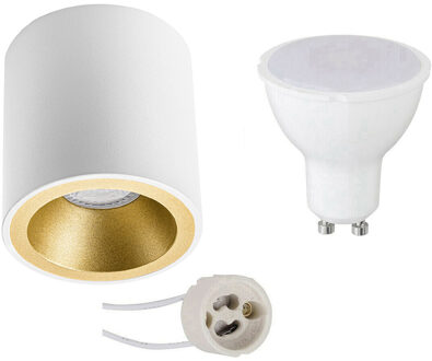 Opbouwspot Set - Aigi - Pragmi Cliron Pro - GU10 Fitting - Opbouw Rond - Mat Wit/Goud - 8W - Helder/Koud Wit 6400K - Goudkleurig