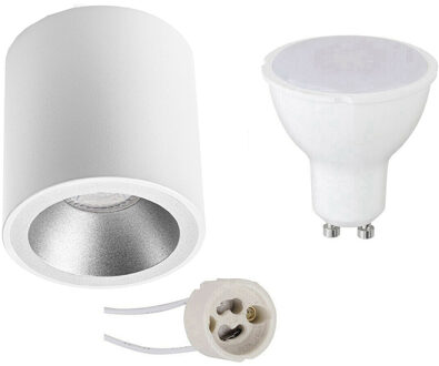 Opbouwspot Set - Aigi - Pragmi Cliron Pro - GU10 Fitting - Opbouw Rond - Mat Wit/Zilver - 8W - Helder/Koud Wit 6400K - Zilverkleurig