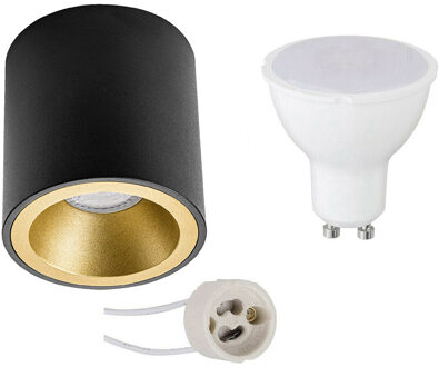 Opbouwspot Set - Aigi - Pragmi Cliron Pro - GU10 Fitting - Opbouw Rond - Mat Zwart/Goud - 8W - Helder/Koud Wit 6400K