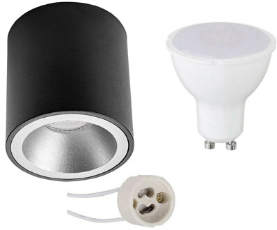 Opbouwspot Set - Aigi - Pragmi Cliron Pro - GU10 Fitting - Opbouw Rond - Mat Zwart/Zilver - 8W - Helder/Koud Wit 6400K