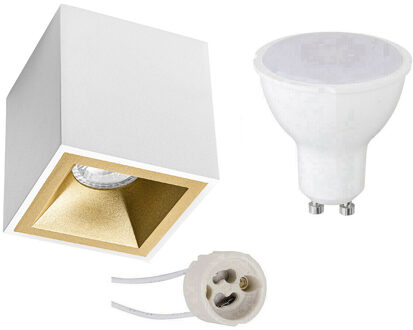 Opbouwspot Set - Aigi - Pragmi Cliron Pro - GU10 Fitting - Opbouw Vierkant - Mat Wit/Goud - 8W - Helder/Koud Wit 6400K - Goudkleurig