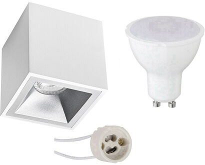 Opbouwspot Set - Aigi - Pragmi Cliron Pro - GU10 Fitting - Opbouw Vierkant - Mat Wit/Zilver - 8W - Helder/Koud Wit 6400K Zilverkleurig