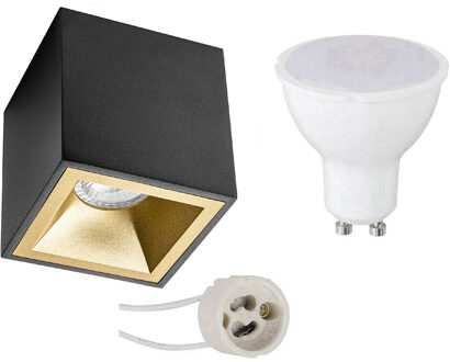 Opbouwspot Set - Aigi - Pragmi Cliron Pro - GU10 Fitting - Opbouw Vierkant - Mat Zwart/Goud - 8W - Helder/Koud Wit 6400K