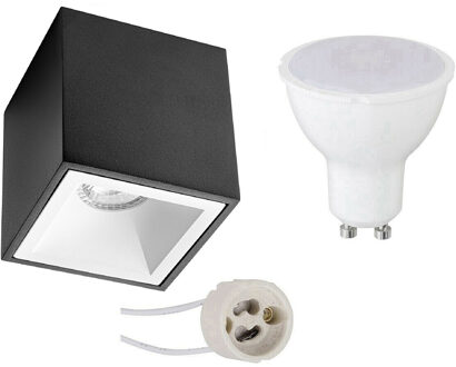 Opbouwspot Set - Aigi - Pragmi Cliron Pro - GU10 Fitting - Opbouw Vierkant - Mat Zwart/Wit - 8W - Helder/Koud Wit 6400K