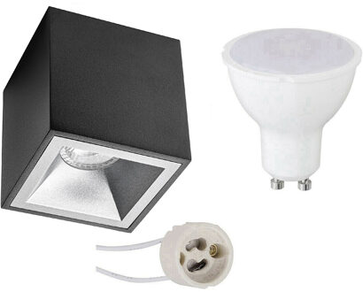 Opbouwspot Set - Aigi - Pragmi Cliron Pro - GU10 Fitting - Opbouw Vierkant - Mat Zwart/Zilver - 8W - Helder/Koud Wit