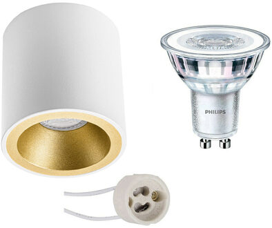 Opbouwspot Set - Pragmi Cliron Pro - GU10 Fitting - Opbouw Rond - Mat Wit/Goud - Verdiept - Ø90mm - Philips - CorePro Goudkleurig