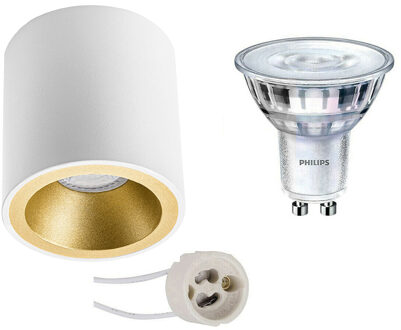 Opbouwspot Set - Pragmi Cliron Pro - Gu10 Fitting - Opbouw Rond - Mat Wit/goud - Verdiept - Ø90mm - Philips - Goudkleurig