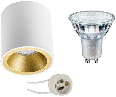 Opbouwspot Set - Pragmi Cliron Pro - GU10 Fitting - Opbouw Rond - Mat Wit/Goud - Verdiept - Ø90mm - Philips - MASTER 927 Goudkleurig