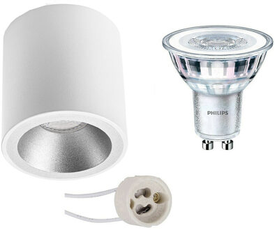 Opbouwspot Set - Pragmi Cliron Pro - GU10 Fitting - Opbouw Rond - Mat Wit/Zilver - Verdiept - Ø90mm - Philips - CorePro Zilverkleurig