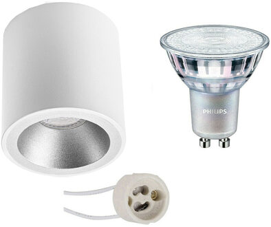 Opbouwspot Set - Pragmi Cliron Pro - GU10 Fitting - Opbouw Rond - Mat Wit/Zilver - Verdiept - Ø90mm - Philips - MASTER Zilverkleurig