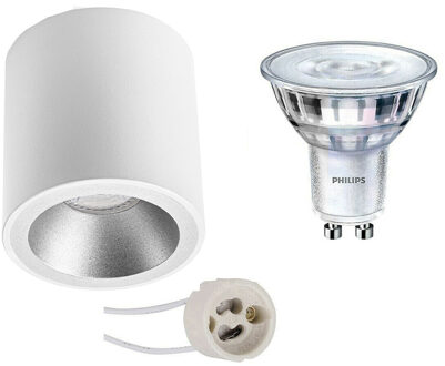 Opbouwspot Set - Pragmi Cliron Pro - Gu10 Fitting - Opbouw Rond - Mat Wit/zilver - Verdiept - Ø90mm - Philips - Zilverkleurig