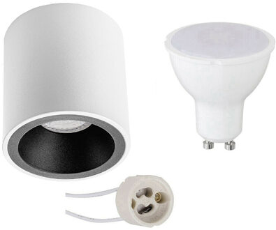 Opbouwspot Set - Pragmi Cliron Pro - GU10 Fitting - Opbouw Rond - Mat Wit/Zwart - 4W - Warm Wit 3000K - Verdiept - Ø90mm