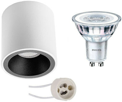 Opbouwspot Set - Pragmi Cliron Pro - GU10 Fitting - Opbouw Rond - Mat Wit/Zwart - Verdiept - Ø90mm - Philips - CorePro