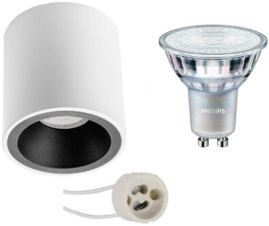 Opbouwspot Set - Pragmi Cliron Pro - GU10 Fitting - Opbouw Rond - Mat Wit/Zwart - Verdiept - Ø90mm - Philips - MASTER