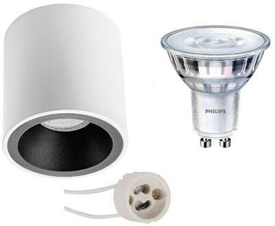 Opbouwspot Set - Pragmi Cliron Pro - Gu10 Fitting - Opbouw Rond - Mat Wit/zwart - Verdiept - Ø90mm - Philips