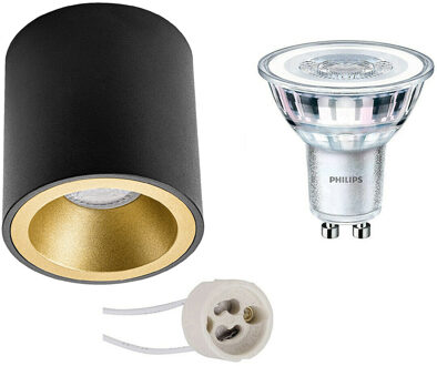 Opbouwspot Set - Pragmi Cliron Pro - GU10 Fitting - Opbouw Rond - Mat Zwart/Goud - Verdiept - Ø90mm - Philips - CorePro