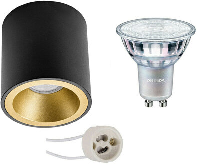 Opbouwspot Set - Pragmi Cliron Pro - GU10 Fitting - Opbouw Rond - Mat Zwart/Goud - Verdiept - Ø90mm - Philips - MASTER