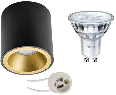 Opbouwspot Set - Pragmi Cliron Pro - Gu10 Fitting - Opbouw Rond - Mat Zwart/goud - Verdiept - Ø90mm - Philips