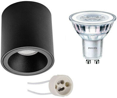 Opbouwspot Set - Pragmi Cliron Pro - GU10 Fitting - Opbouw Rond - Mat Zwart - Verdiept - Ø90mm - Philips - CorePro 827