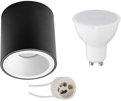 Opbouwspot Set - Pragmi Cliron Pro - GU10 Fitting - Opbouw Rond - Mat Zwart/Wit - 4W - Warm Wit 3000K - Verdiept - Ø90mm