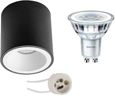 Opbouwspot Set - Pragmi Cliron Pro - GU10 Fitting - Opbouw Rond - Mat Zwart/Wit - Verdiept - Ø90mm - Philips - CorePro