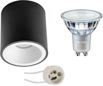 Opbouwspot Set - Pragmi Cliron Pro - GU10 Fitting - Opbouw Rond - Mat Zwart/Wit - Verdiept - Ø90mm - Philips - MASTER