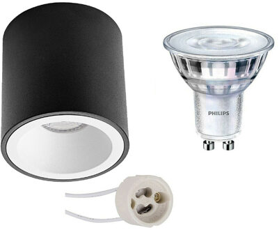 Opbouwspot Set - Pragmi Cliron Pro - Gu10 Fitting - Opbouw Rond - Mat Zwart/wit - Verdiept - Ø90mm - Philips