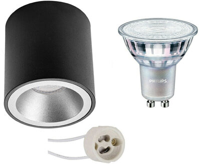 Opbouwspot Set - Pragmi Cliron Pro - GU10 Fitting - Opbouw Rond - Mat Zwart/Zilver - Verdiept - Ø90mm - Philips - MASTER